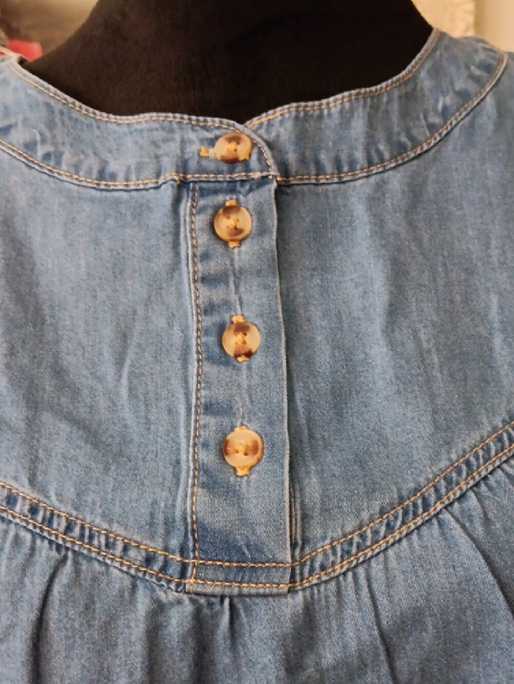 Denim Button Yoke Short Sleeve Top - Blue - Picture 5 of 7